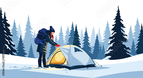 Traveler camping in snowy forest with glowing tent under winter sky. Ideal for adventure branding, winter outdoor content, travel ads, and seasonal illustrations