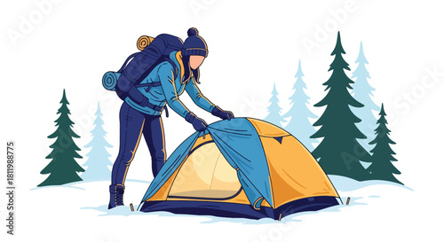 Traveler camping in snowy forest with glowing tent under winter sky. Ideal for adventure branding, winter outdoor content, travel ads, and seasonal illustrations