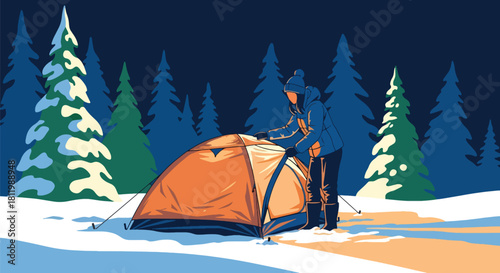 Traveler camping in snowy forest with glowing tent under winter sky. Ideal for adventure branding, winter outdoor content, travel ads, and seasonal illustrations