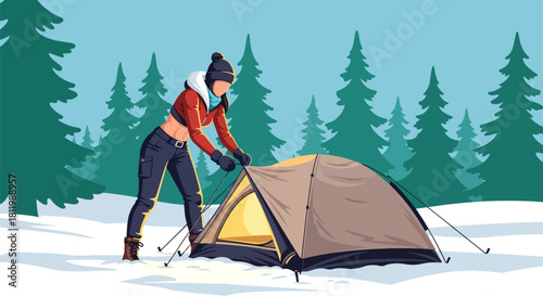 Traveler camping in snowy forest with glowing tent under winter sky. Ideal for adventure branding, winter outdoor content, travel ads, and seasonal illustrations