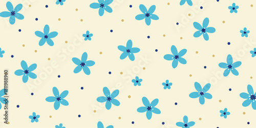 Seamless light blue five-petal flowers and scattered dots pattern on a soft cream background, perfect for spring textiles, digital paper, and cute childlike designs