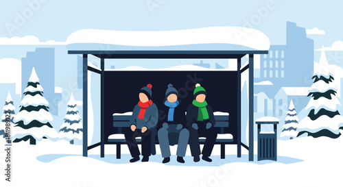 Traveler sitting at snowy bus stop wrapped in warm scarf. Ideal for transit illustrations, winter lifestyle content, tourism visuals, and seasonal travel guides