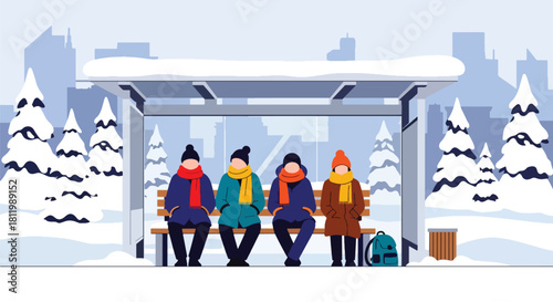 Traveler sitting at snowy bus stop wrapped in warm scarf. Ideal for transit illustrations, winter lifestyle content, tourism visuals, and seasonal travel guides