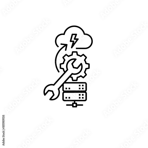 Server maintenance icon featuring wrench and gear on transparent background