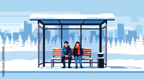 Traveler sitting at snowy bus stop wrapped in warm scarf. Ideal for transit illustrations, winter lifestyle content, tourism visuals, and seasonal travel guides