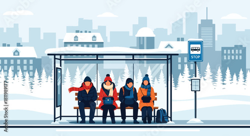 Traveler sitting at snowy bus stop wrapped in warm scarf. Ideal for transit illustrations, winter lifestyle content, tourism visuals, and seasonal travel guides