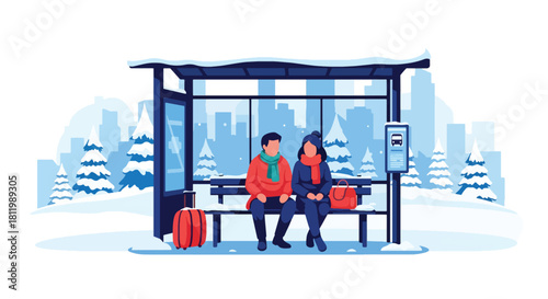 Traveler sitting at snowy bus stop wrapped in warm scarf. Ideal for transit illustrations, winter lifestyle content, tourism visuals, and seasonal travel guides