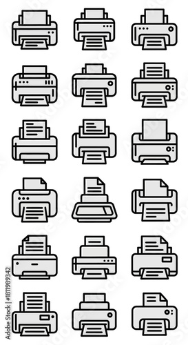 A collection of eighteen modern printer and fax machine line art icons with bold black outlines and subtle grey shading.