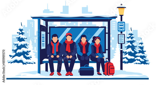 Traveler sitting at snowy bus stop wrapped in warm scarf. Ideal for transit illustrations, winter lifestyle content, tourism visuals, and seasonal travel guides