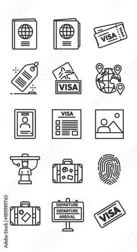 Travel Icons - Passport, Visa, Luggage, Globe, Fingerprint, and Departure Sign in Outline Style.