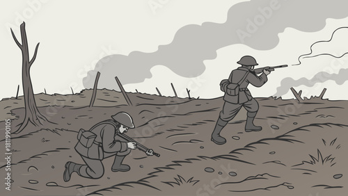 Wartime Soldiers Advancing Across Battlefield Illustration