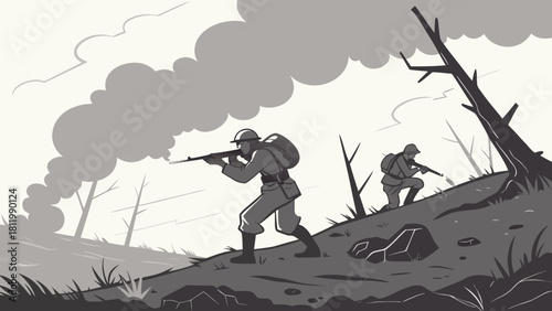 Soldiers Walking Through Battlefield War and Conflict Illustration