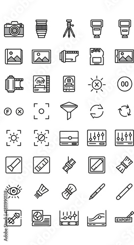 A collection of hand-drawn, sketchy line art icons representing photography equipment and photo editing tools, arranged in a grid.