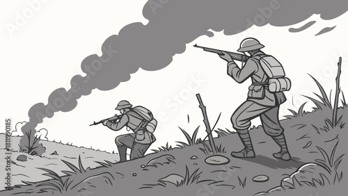 Soldiers Walking Through Battlefield War and Conflict Illustration