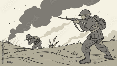 Soldiers Walking Through Battlefield War and Conflict Illustration