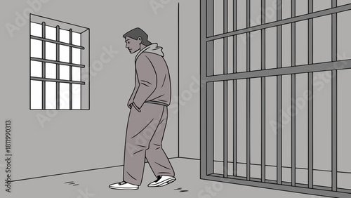 Lonely Man Walking Behind Prison Bars Concept Illustration