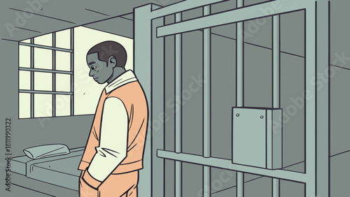 Prison Cell Scene with Standing Inmate Illustration
