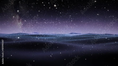 A serene nightscape showcasing a starry sky above a tranquil, undulating water surface.