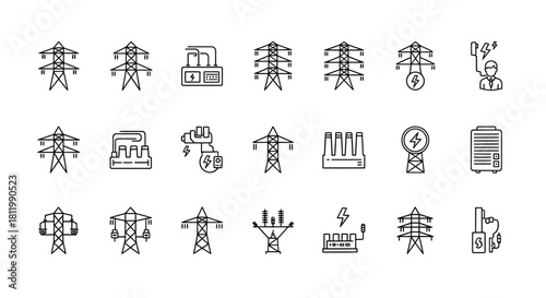 A collection of minimalist black line icons representing electricity, power generation, transmission towers, and energy infrastructure.