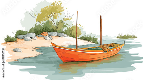 Boat with Boat on River Vector Outline Illustration for Adobe Stock