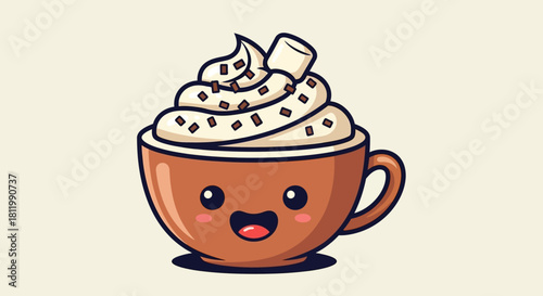 Cute Cartoon Coffee Cup with Whipped Cream.