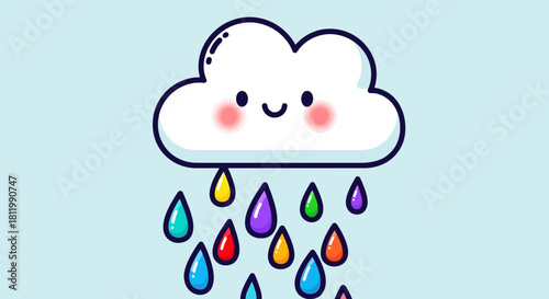 Cute Cartoon Cloud Raining Colorful Drops.