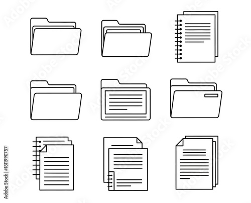A collection of nine black and white line art icons depicting various office folders, documents, and spiral-bound notebooks for data organization.