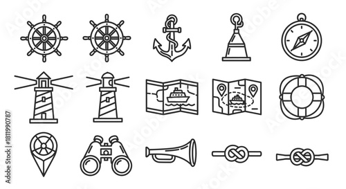 A collection of nautical and marine icons in a hand-drawn, black and white line art style, featuring a ships wheel, anchor, and compass.
