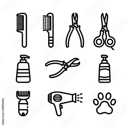 A collection of nine minimalist black line art icons for pet grooming tools, including a comb, scissors, clippers, and a paw print.