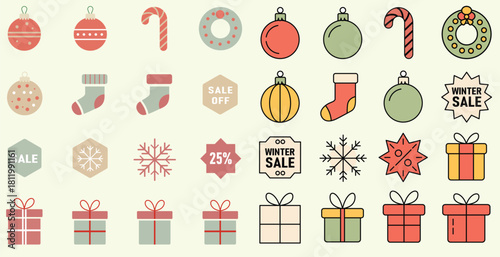 Colorful christmas ornaments stockings gift boxes and winter sale tags illustration