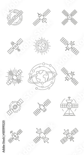 A collection of space technology icons in a thin line art style, depicting various satellites, space stations, and orbiting planets.