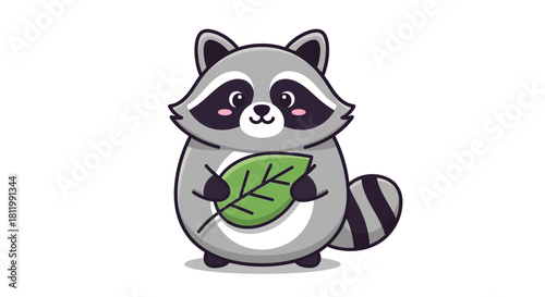 Cute raccoon holding a green leaf illustration.
