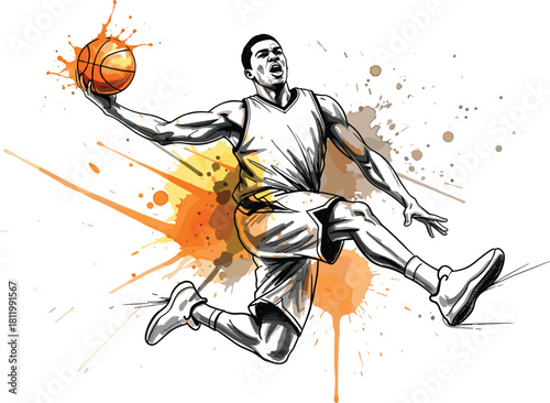 Dynamic Watercolor Splash Vector Illustration of a Basketball Player Mid-Air Performing a Jump Shot or Dunk, Representing High Energy, Athleticism, and Professional Sports Action