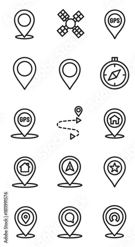 A collection of thin line art icons for navigation, location, GPS, and mapping.