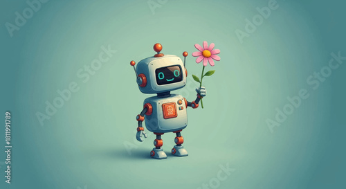 Cute Robot Holding a Flower on a Light Blue Background.
