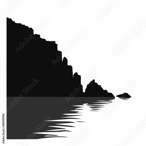 Abstract minimalist coastal landscape with cliff silhouette and water reflection simple beauty