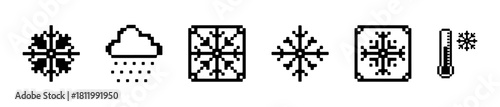 Minimal pixel weather icons: snowflakes, rain, cooling symbols, and thermometer. Ideal for climate, appliance, or seasonal visuals.