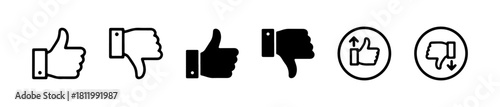 Minimal feedback icons: thumbs up down in outline, solid, and circular styles. Ideal for rating, approval, and visuals.