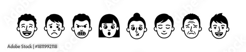 Cartoon-style facial icons expressing emotions like joy, sadness, anger, surprise, calm, and grief.