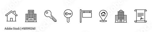 Real estate icons showing property, buildings, keys, location, signage, and signed agreements.