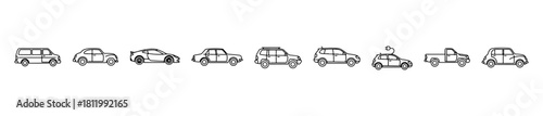 Outlined car icons showing diverse vehicle types including SUV, pickup, taxi, and media van.