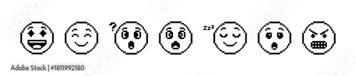 Minimal pixel emoticons showing excitement, calm, confusion, shock, sleepiness, peace, and anger. Ideal for digital emotion, or messaging visuals.