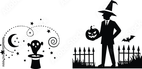 ghost magic top hat, witch silhouette with pumpkin, stars, moon, perfect for festive clipart, spooky vector art, seasonal icon pack