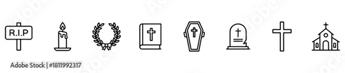 Minimal mourning icons: RIP sign, candle, wreath, Bible, coffin, gravestone, cross, and church. Ideal for memorial, religious, or funerary visuals.