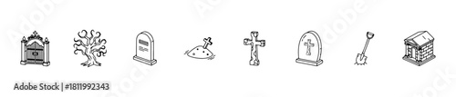 Minimal graveyard icons: tombstones, grave mound, cross, shovel, crypt, and tree. Ideal for burial, Halloween, or memorial visuals.