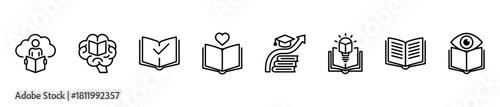 Minimal education icons: reading, brain, heart, diploma, light bulb, and insight. Ideal for learning, imagination, and academic visuals.