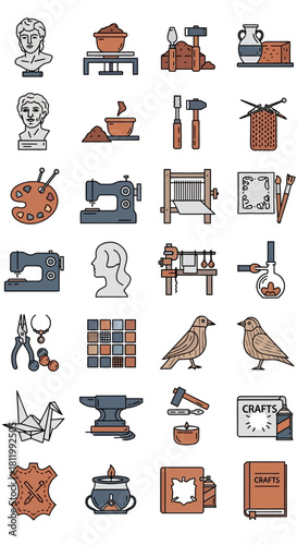A colorful collection of hand-drawn doodle icons representing various arts, crafts, and handmade hobbies.