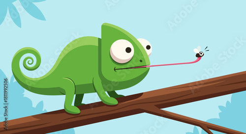 Green Chameleon Hunting a Fly.