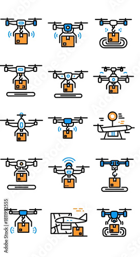 A colorful collection of line art icons showing various delivery drones and quadcopters carrying cardboard packages for modern autonomous shipping.