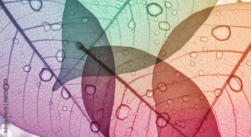 Fototapeta premium Colorful Transparent Leaves with Water Drops